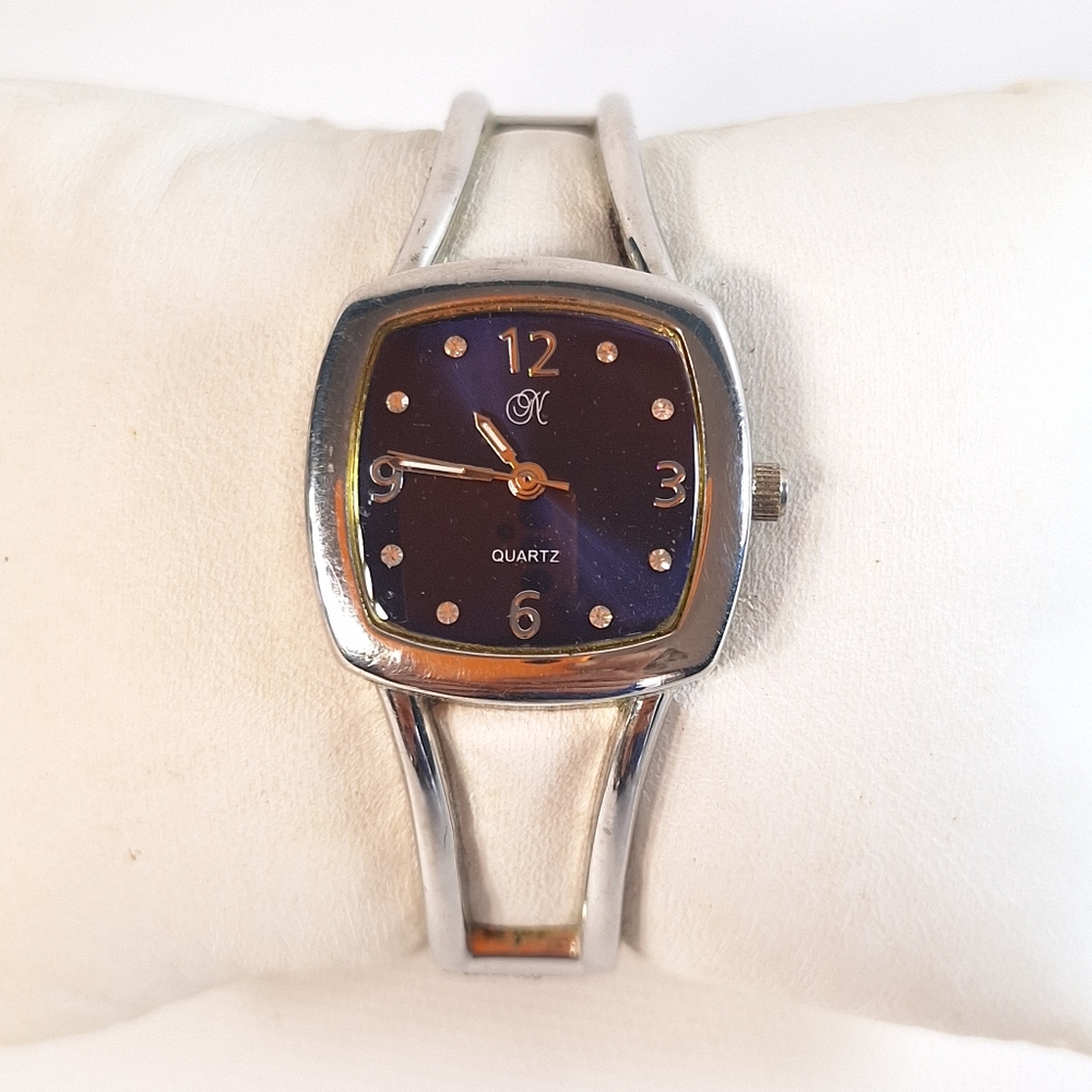 La Rochelle Blue Square Dial Silver Tone Clamshell Bracelet, New Battery